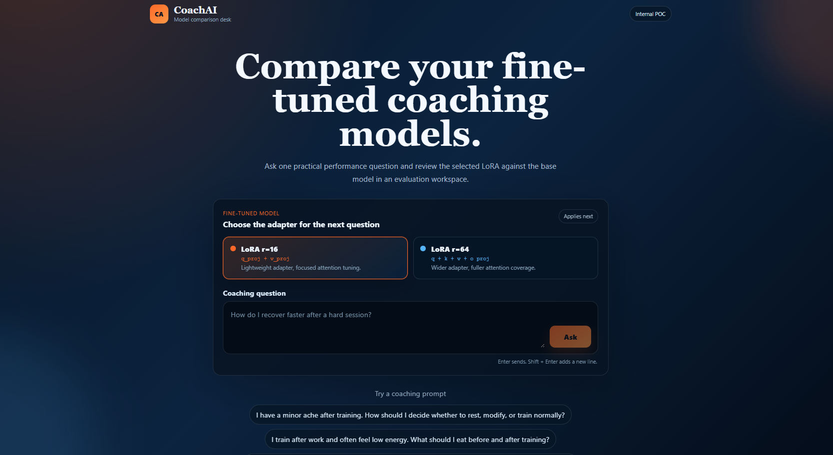 CoachAI LLM Fine-Tuning interface, screenshot 1