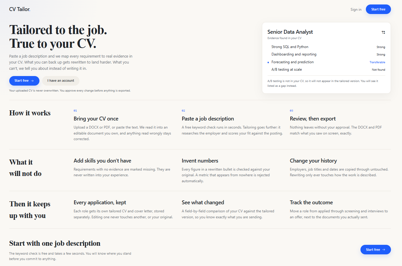 CV Tailor Agentic AI interface, screenshot 1