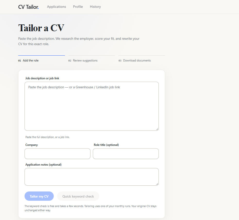 CV Tailor Agentic AI interface, screenshot 2