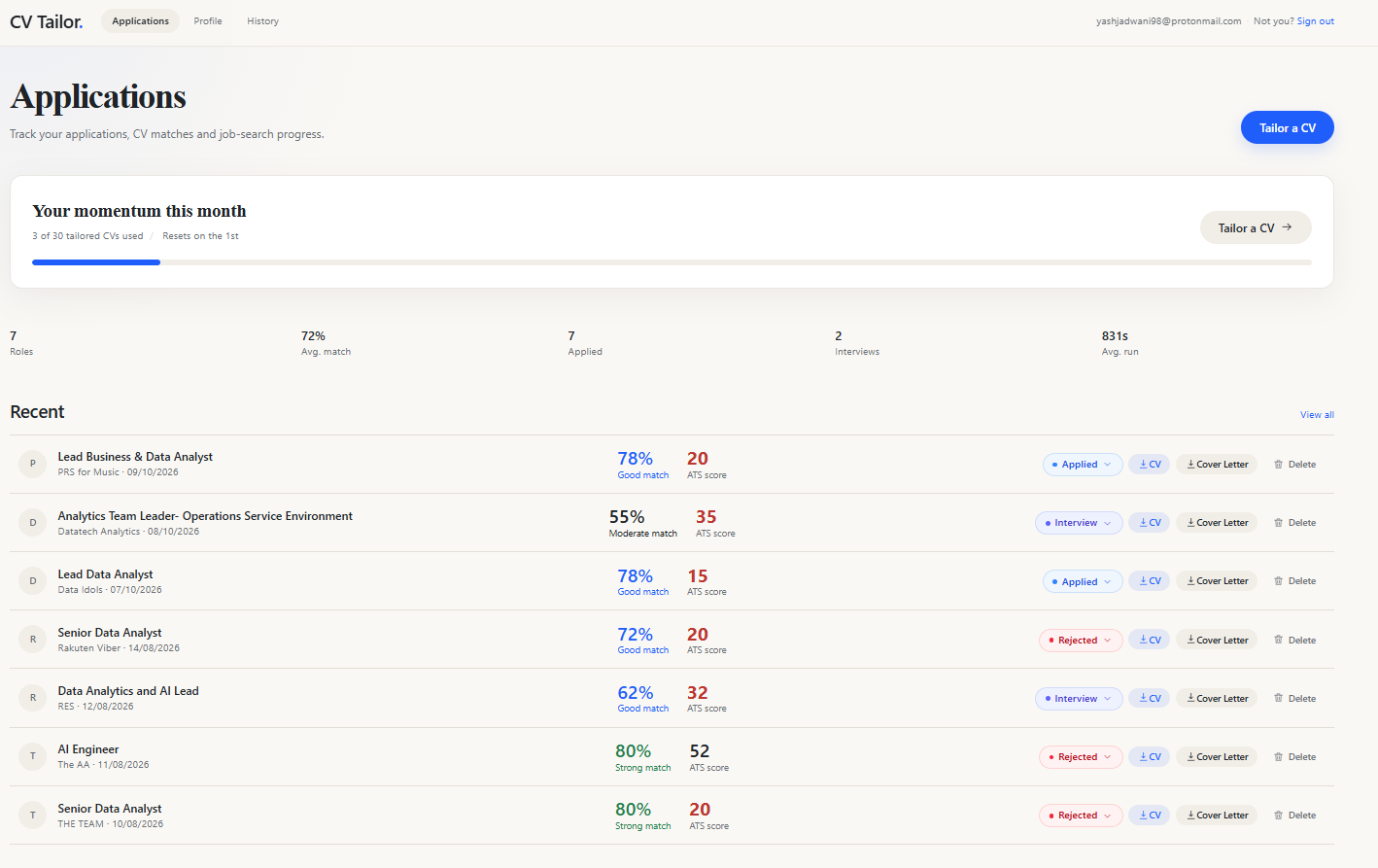 CV Tailor Agentic AI interface, screenshot 3