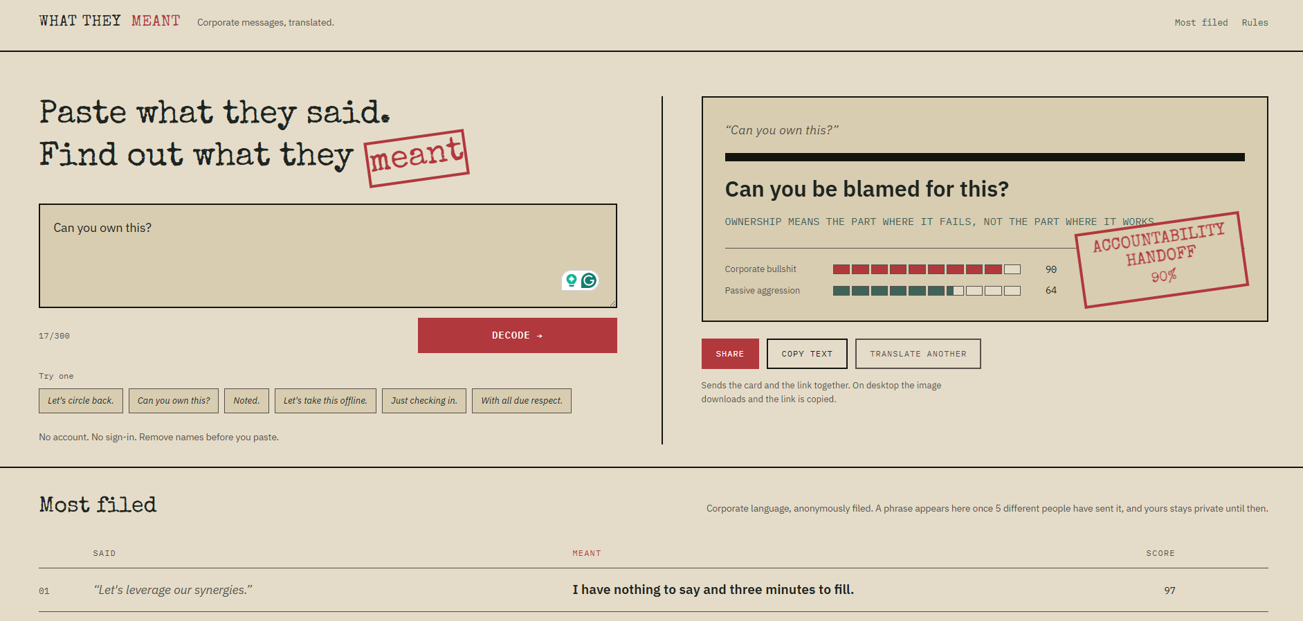 What They Meant Workplace Humour interface, screenshot 1