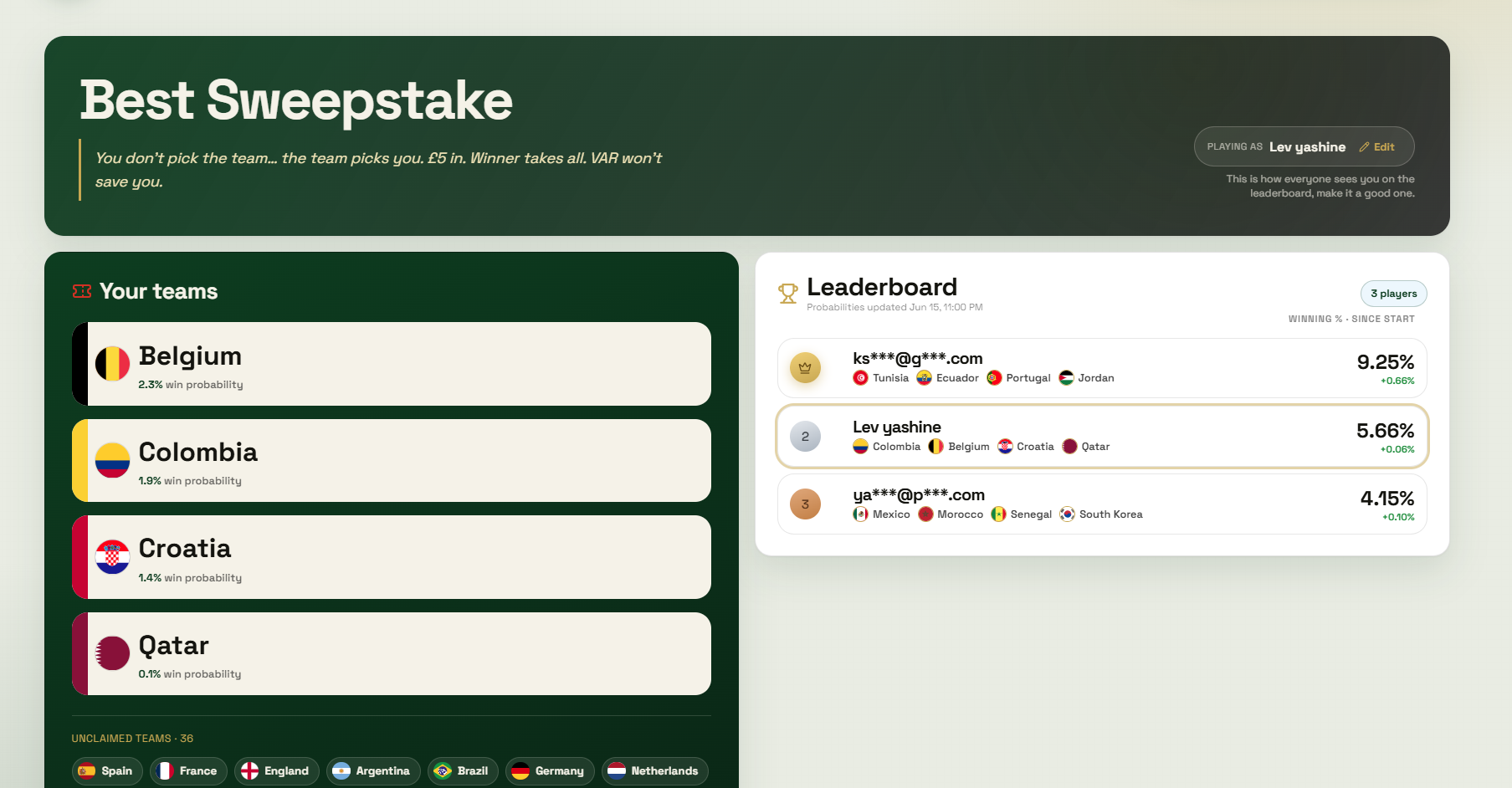 World Cup Sweepstake Full-Stack SaaS interface, screenshot 3